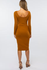 Rust Ribbed Fitted Midi Dress