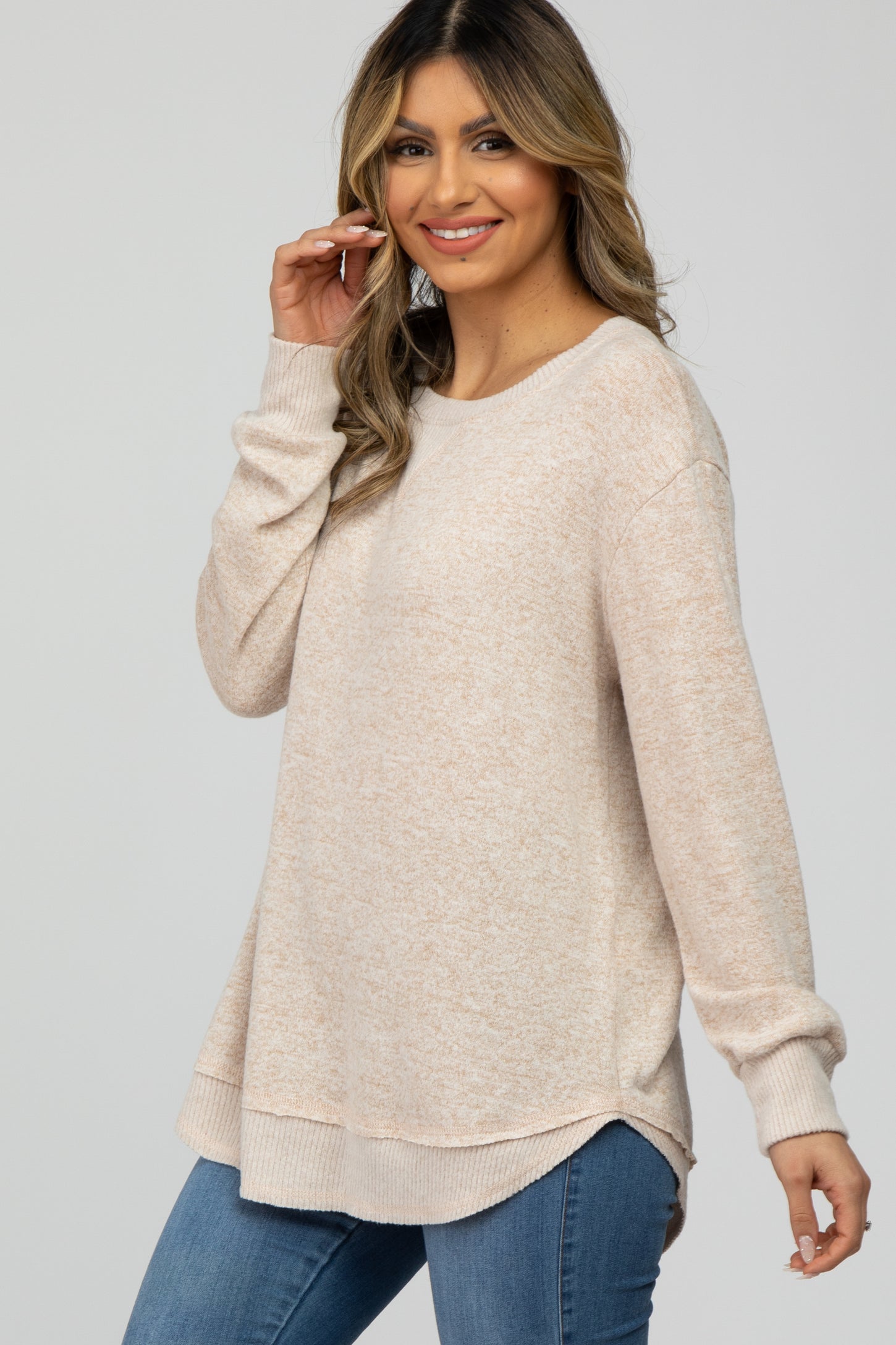 Oversized Long Sleeve Top w/ Rib Contrast