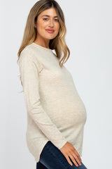 Beige Plaid Print Long Sleeve Maternity Top