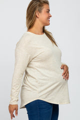 Beige Plaid Print Long Sleeve Maternity Plus Top