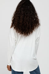 White Textured Long Sleeve Drop Shoulder V-Neck Top