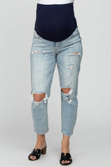 Light Blue Distressed Maternity Cropped Straight Jeans