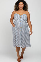 Navy Blue Striped Sweetheart Button Front Maternity Plus Dress