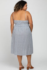 Navy Blue Striped Sweetheart Button Front Maternity Plus Dress