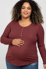 Burgundy Ribbed Button Front Long Sleeve Maternity Plus Top