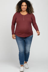 Burgundy Ribbed Button Front Long Sleeve Maternity Plus Top