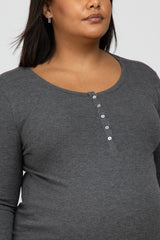 Charcoal Ribbed Button Front Long Sleeve Maternity Plus Top