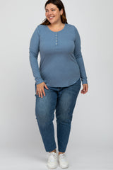 Blue Ribbed Button Front Long Sleeve Plus Top
