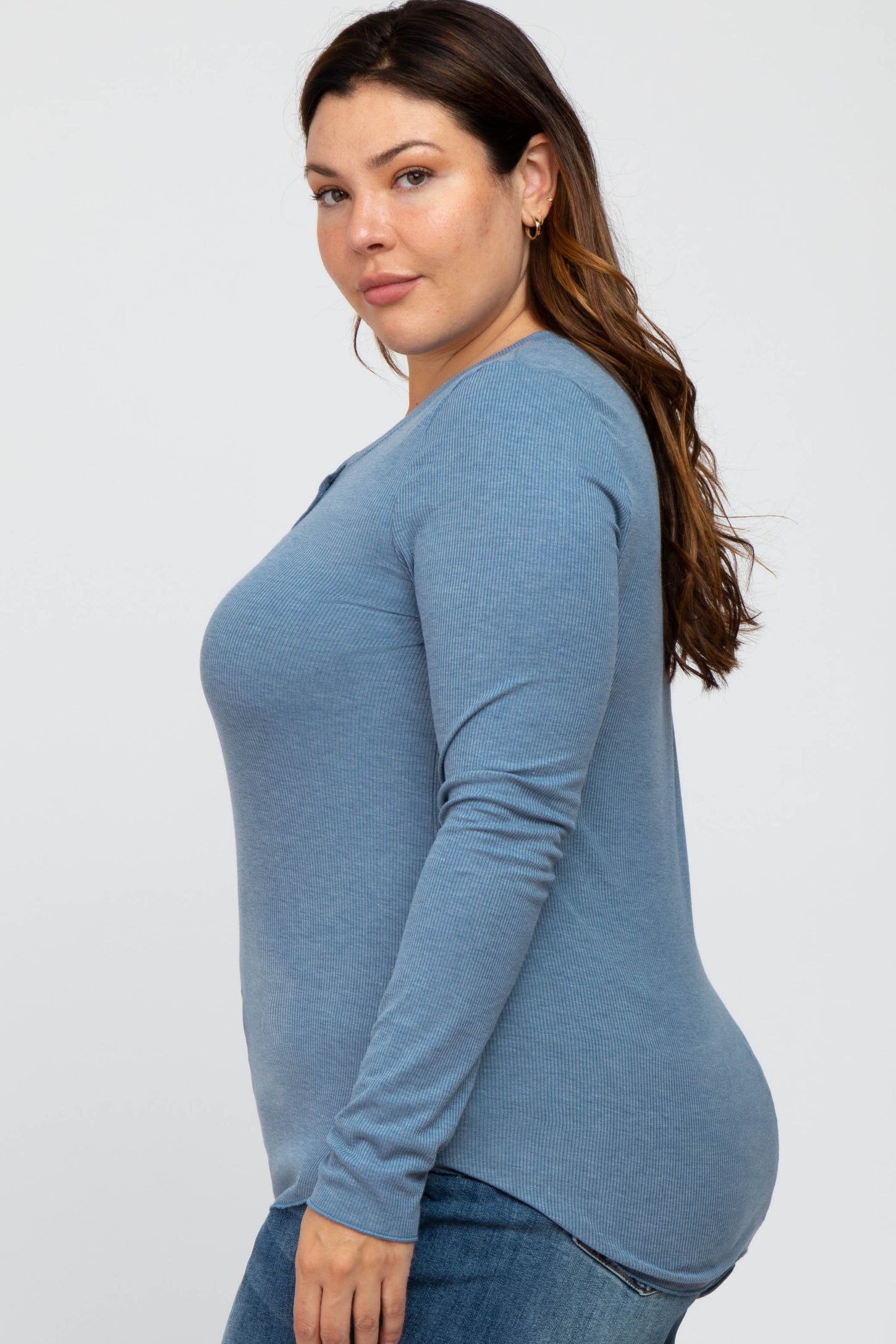 Blue Ribbed Button Front Long Sleeve Plus Top– PinkBlush