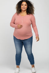 Mauve Ribbed Button Front Long Sleeve Maternity Plus Top