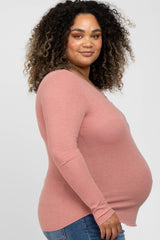 Mauve Ribbed Button Front Long Sleeve Maternity Plus Top