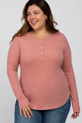 Mauve Ribbed Button Front Long Sleeve Plus Top