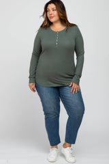 Green Ribbed Button Front Long Sleeve Plus Top