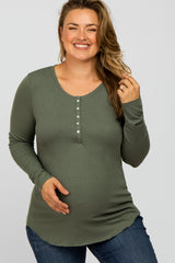 Green Ribbed Button Front Long Sleeve Maternity Plus Top