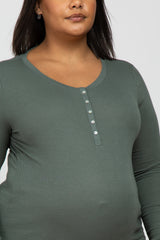Green Ribbed Button Front Long Sleeve Maternity Plus Top