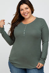 Green Ribbed Button Front Long Sleeve Plus Top