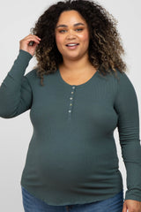 Teal Ribbed Button Front Long Sleeve Maternity Plus Top