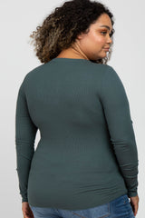Teal Ribbed Button Front Long Sleeve Maternity Plus Top