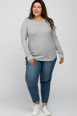 Heather Grey Ribbed Button Front Long Sleeve Plus Top