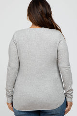 Heather Grey Ribbed Button Front Long Sleeve Plus Top