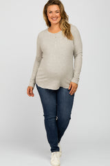 Heather Grey Ribbed Button Front Long Sleeve Maternity Plus Top