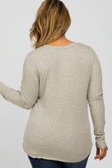 Heather Grey Ribbed Button Front Long Sleeve Maternity Plus Top
