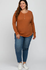 Orange Ribbed Button Front Long Sleeve Plus Top