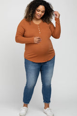 Orange Ribbed Button Front Long Sleeve Maternity Plus Top
