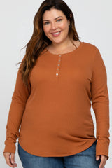Orange Ribbed Button Front Long Sleeve Plus Top