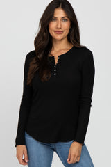 Black Ribbed Button Front Long Sleeve Top