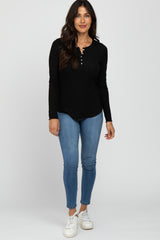 Black Ribbed Button Front Long Sleeve Top