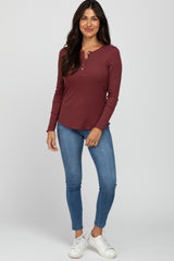 Burgundy Ribbed Button Front Long Sleeve Top