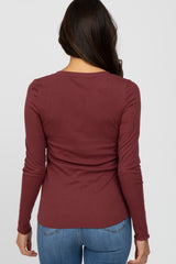 Burgundy Ribbed Button Front Long Sleeve Top