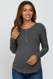 Charcoal Ribbed Button Front Long Sleeve Maternity Top