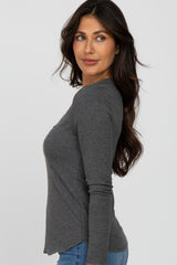 Charcoal Ribbed Button Front Long Sleeve Top