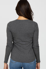 Charcoal Ribbed Button Front Long Sleeve Top