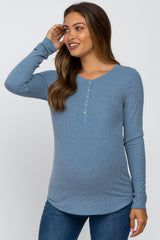 Blue Ribbed Button Front Long Sleeve Maternity Top