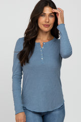 Blue Ribbed Button Front Long Sleeve Maternity Top