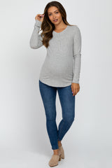 Heather Grey Ribbed Button Front Long Sleeve Maternity Top