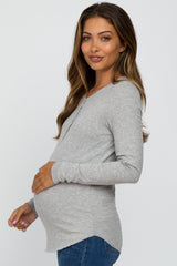 Heather Grey Ribbed Button Front Long Sleeve Maternity Top