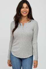 Heather Grey Ribbed Button Front Long Sleeve Top