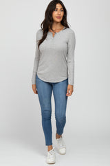 Heather Grey Ribbed Button Front Long Sleeve Top