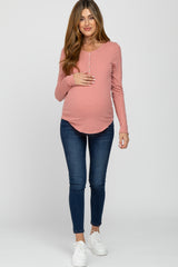 Pink Ribbed Button Front Long Sleeve Maternity Top