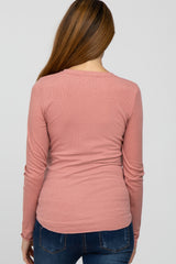 Pink Ribbed Button Front Long Sleeve Maternity Top