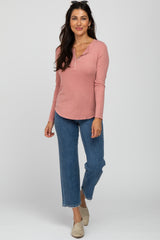 Pink Ribbed Button Front Long Sleeve Top