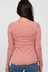 Pink Ribbed Button Front Long Sleeve Top