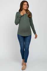 Green Ribbed Button Front Long Sleeve Maternity Top
