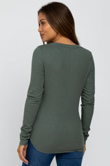Green Ribbed Button Front Long Sleeve Maternity Top