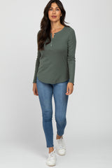 Green Ribbed Button Front Long Sleeve Top