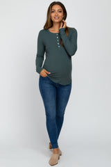 Teal Ribbed Button Front Long Sleeve Maternity Top